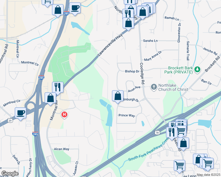 map of restaurants, bars, coffee shops, grocery stores, and more near 1635 Zemory Drive in Tucker