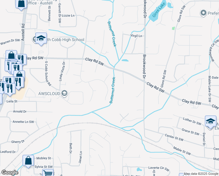 map of restaurants, bars, coffee shops, grocery stores, and more near 5111 Huntcrest Drive Southwest in Mableton