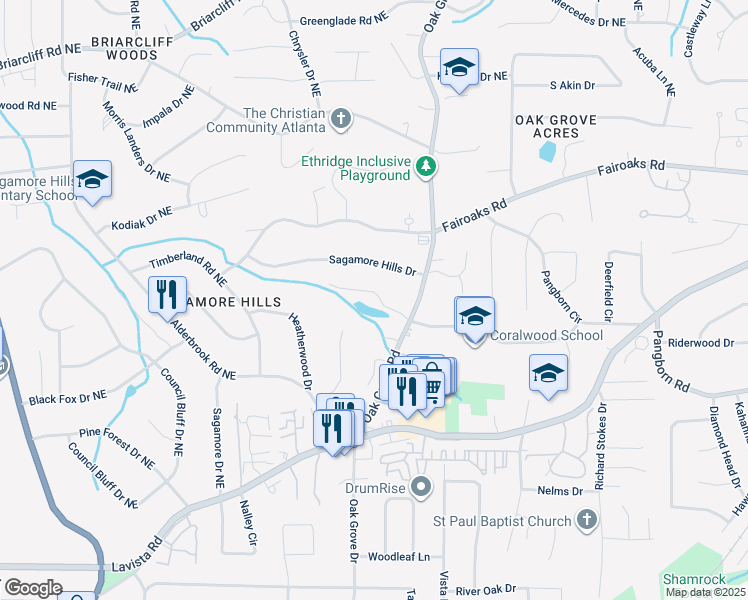 map of restaurants, bars, coffee shops, grocery stores, and more near 2375 Massey Lane in Decatur