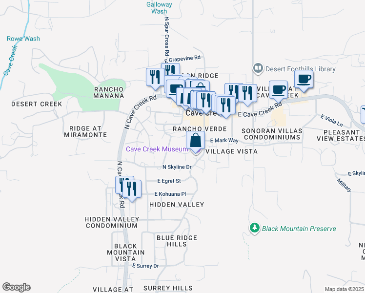 map of restaurants, bars, coffee shops, grocery stores, and more near 6048 East Canyon Road in Cave Creek