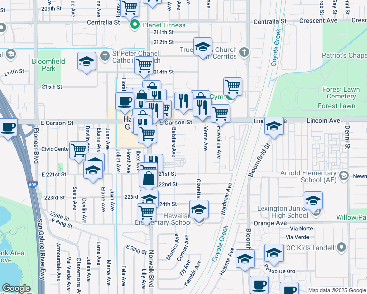 map of restaurants, bars, coffee shops, grocery stores, and more near 21828 Belshire Avenue in Hawaiian Gardens