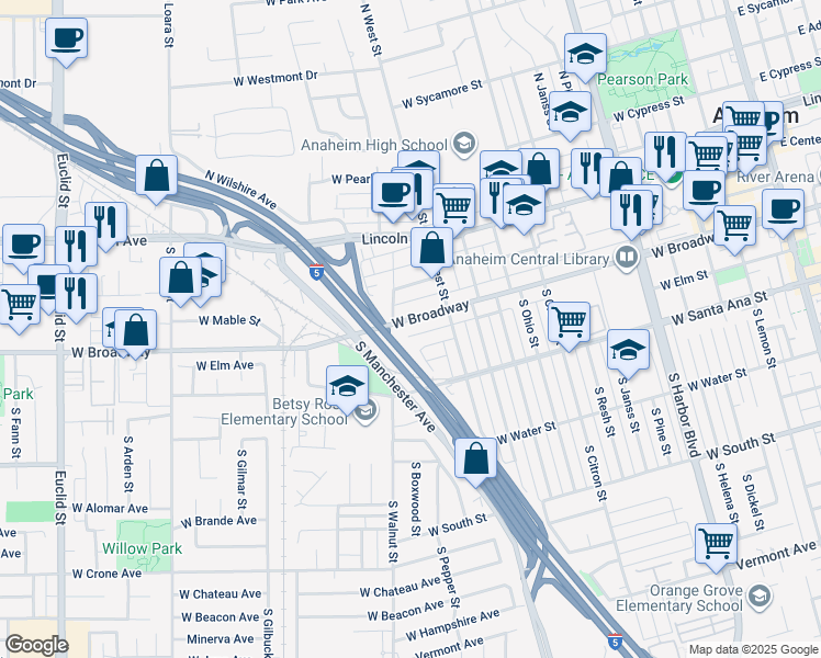 map of restaurants, bars, coffee shops, grocery stores, and more near 1142 West Broadway in Anaheim