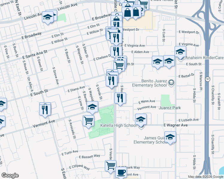 map of restaurants, bars, coffee shops, grocery stores, and more near 851 South State College Boulevard in Anaheim
