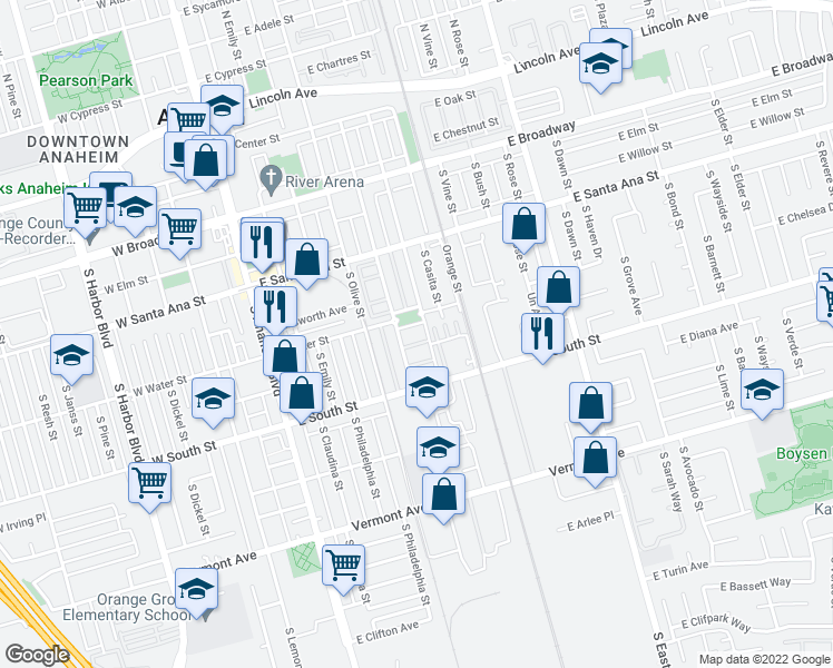 map of restaurants, bars, coffee shops, grocery stores, and more near 654 South Melrose Street in Anaheim