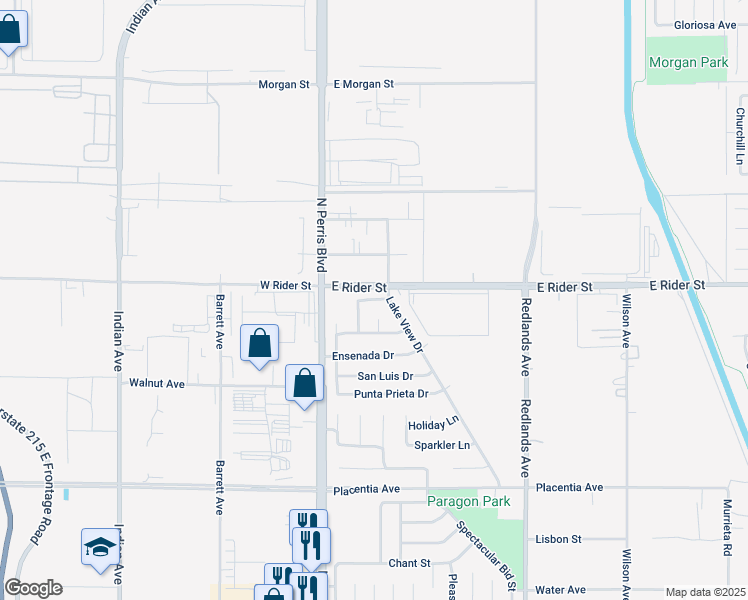 map of restaurants, bars, coffee shops, grocery stores, and more near El Rosario Drive in Perris