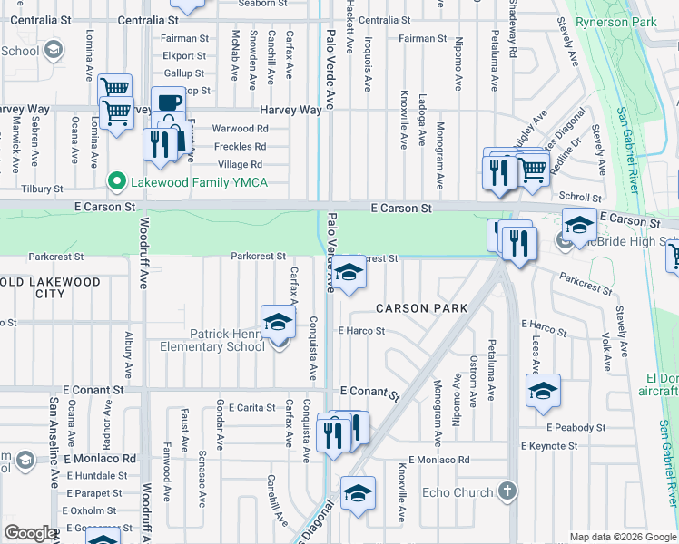 map of restaurants, bars, coffee shops, grocery stores, and more near 3954 Palo Verde Avenue in Long Beach