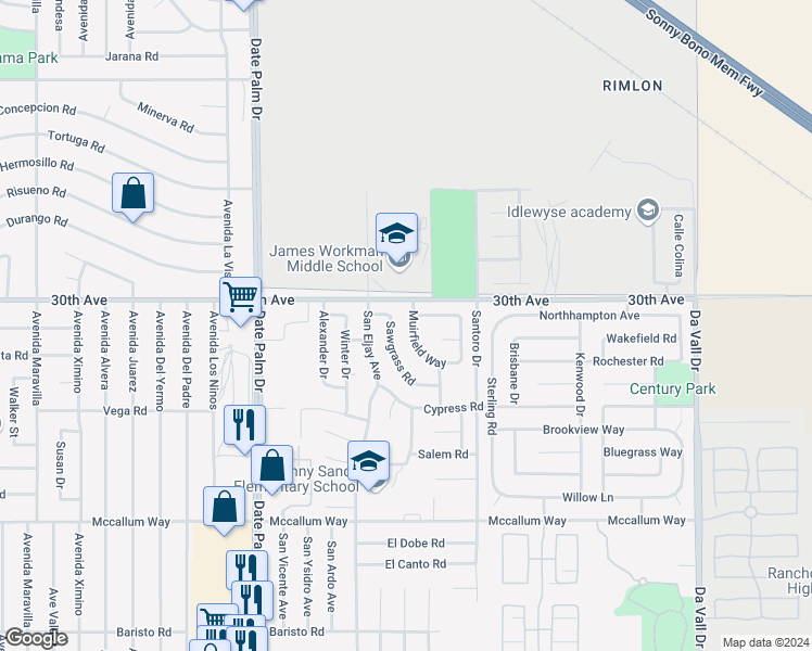map of restaurants, bars, coffee shops, grocery stores, and more near 30097 Muirfield Way in Cathedral City