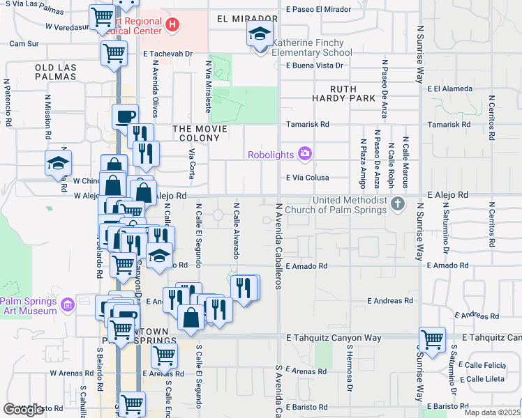 map of restaurants, bars, coffee shops, grocery stores, and more near 909 Alejo Vista in Palm Springs