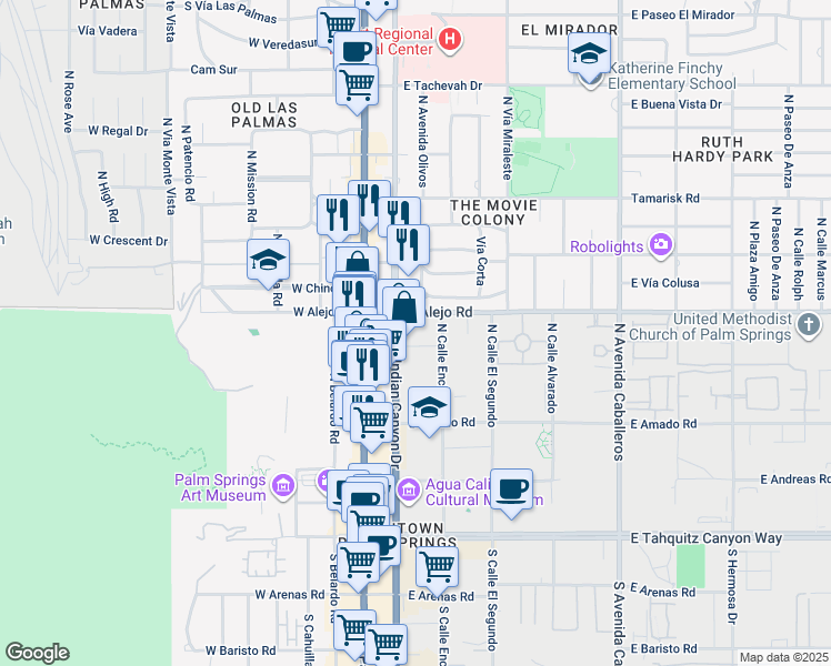 map of restaurants, bars, coffee shops, grocery stores, and more near 462 North Indian Canyon Drive in Palm Springs