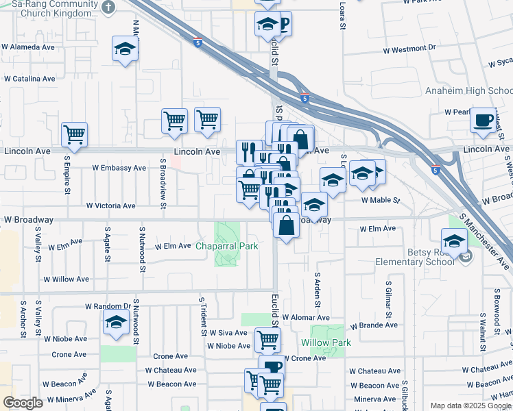 map of restaurants, bars, coffee shops, grocery stores, and more near 275 South Euclid Street in Anaheim