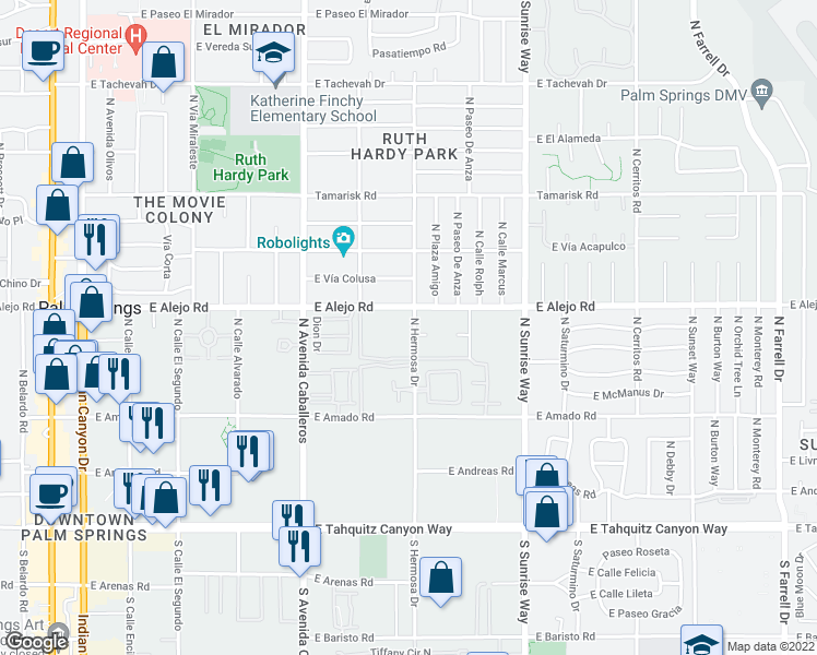 map of restaurants, bars, coffee shops, grocery stores, and more near 481 North Hermosa Drive in Palm Springs