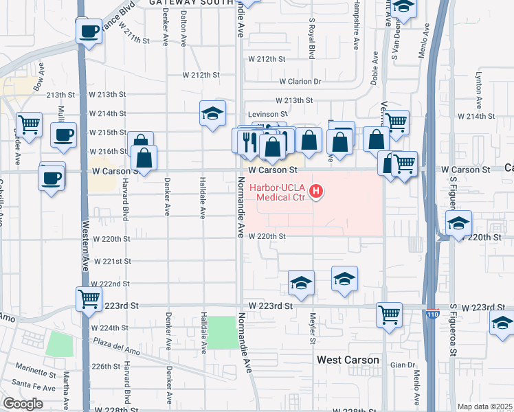 map of restaurants, bars, coffee shops, grocery stores, and more near West Drive in Torrance