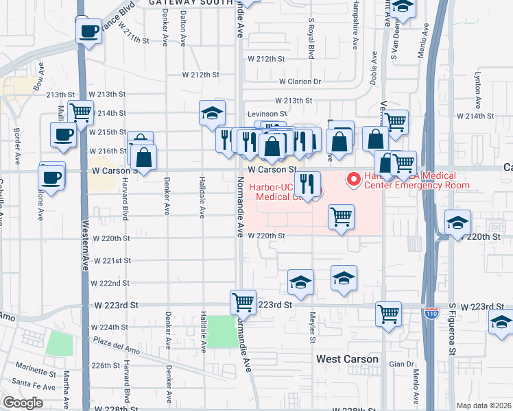 map of restaurants, bars, coffee shops, grocery stores, and more near West Drive in West Carson
