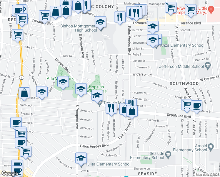 map of restaurants, bars, coffee shops, grocery stores, and more near 5517 Laurette Street in Torrance