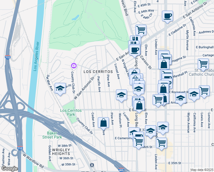 map of restaurants, bars, coffee shops, grocery stores, and more near 3939 Pine Avenue in Long Beach