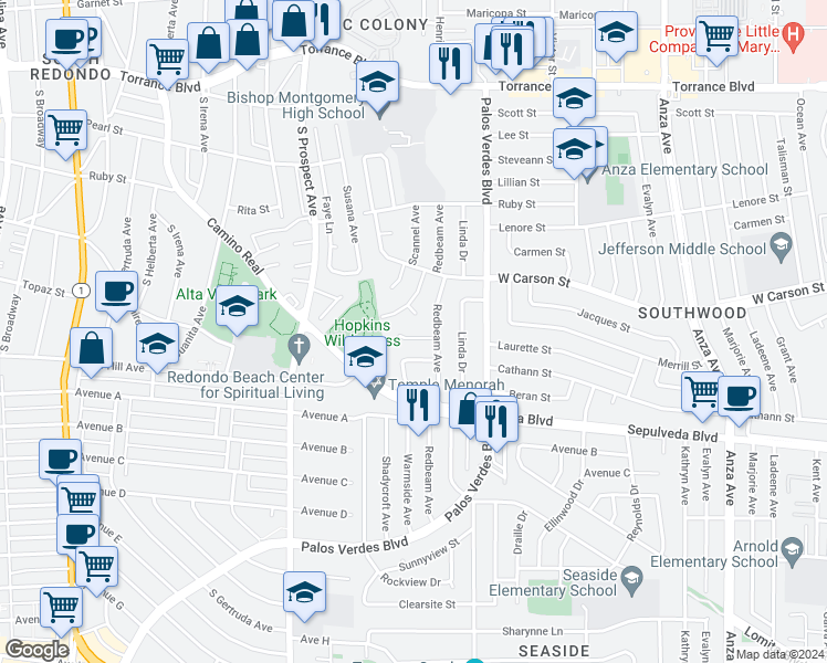 map of restaurants, bars, coffee shops, grocery stores, and more near 5517 Laurette Street in Torrance