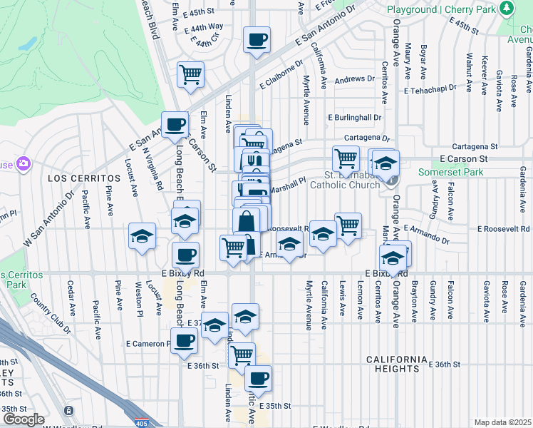 map of restaurants, bars, coffee shops, grocery stores, and more near 3921 Lime Avenue in Long Beach