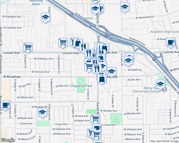 map of restaurants, bars, coffee shops, grocery stores, and more near 275 South Euclid Street in Anaheim