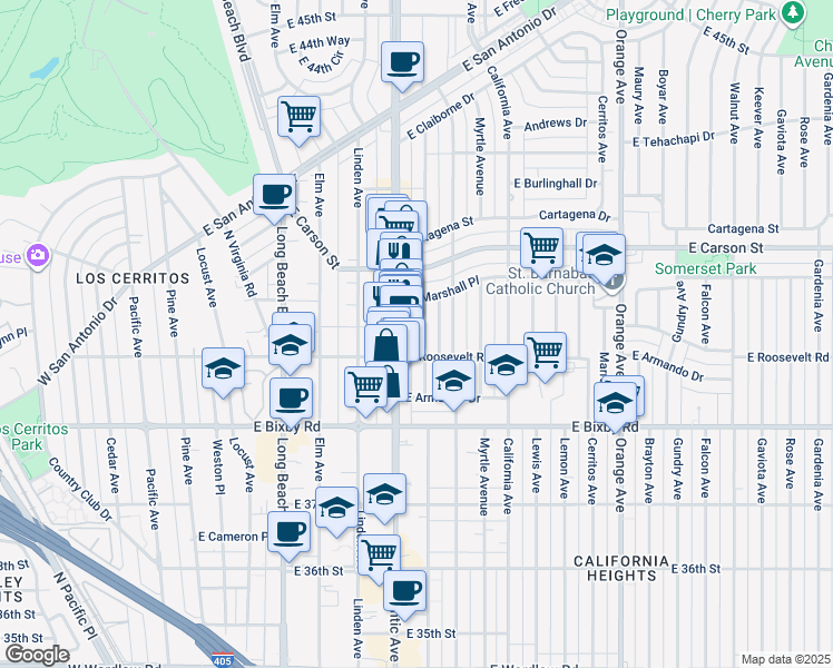 map of restaurants, bars, coffee shops, grocery stores, and more near 3921 Lime Avenue in Long Beach
