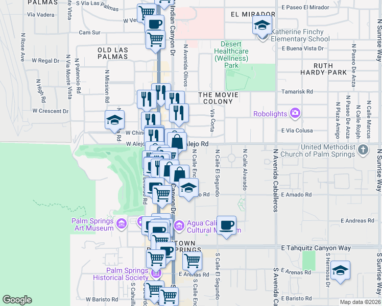 map of restaurants, bars, coffee shops, grocery stores, and more near 277 East Alejo Road in Palm Springs