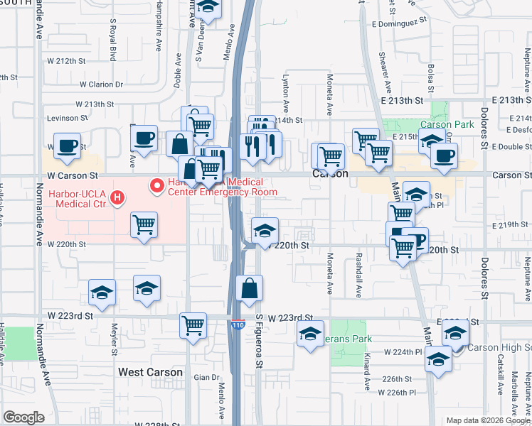 map of restaurants, bars, coffee shops, grocery stores, and more near 21818 South Figueroa Street in Carson