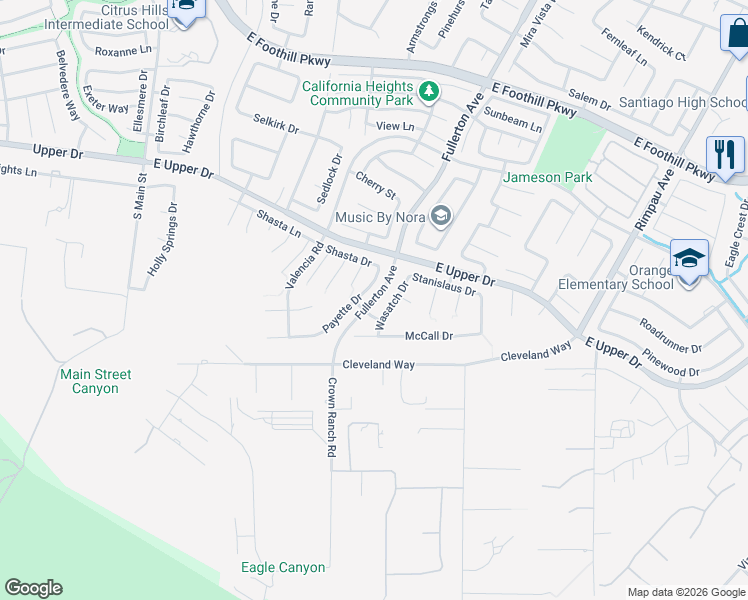 map of restaurants, bars, coffee shops, grocery stores, and more near 4218 Fullerton Avenue in Corona