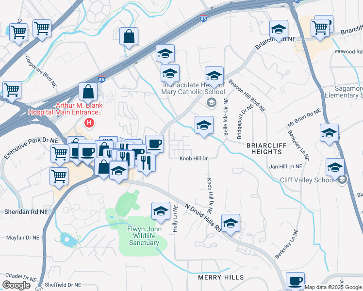 map of restaurants, bars, coffee shops, grocery stores, and more near 2629 Portbury Place Northeast in Atlanta