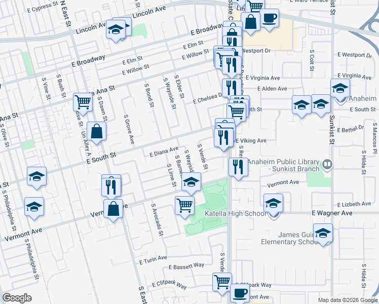 map of restaurants, bars, coffee shops, grocery stores, and more near 1615 East Verde Circle in Anaheim