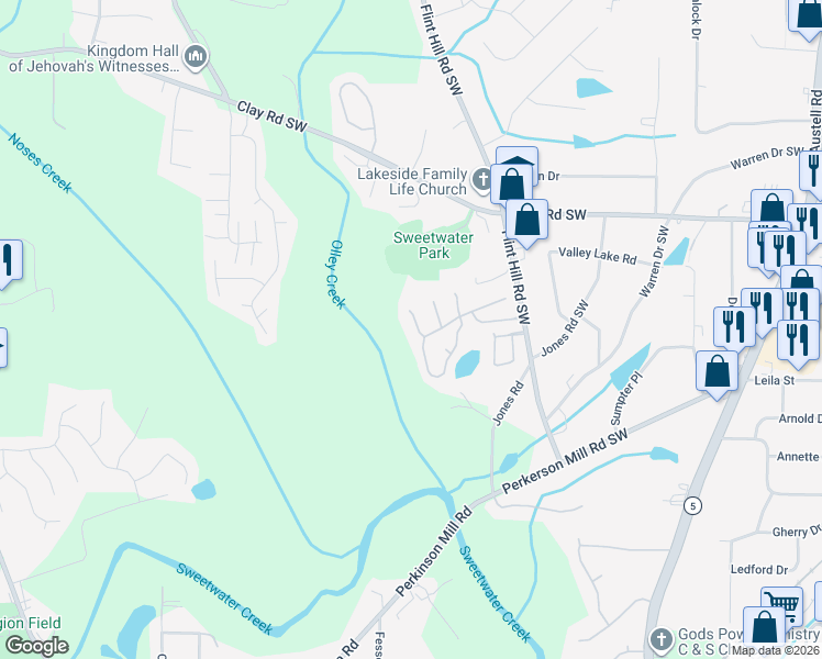 map of restaurants, bars, coffee shops, grocery stores, and more near 7050 Parkside Court in Austell