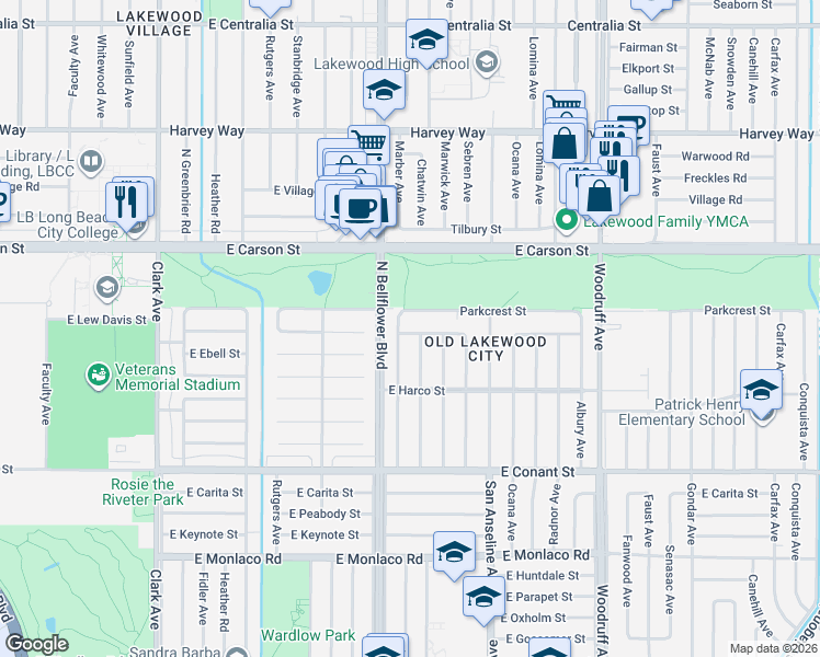 map of restaurants, bars, coffee shops, grocery stores, and more near 5531 East Hanbury Street in Long Beach