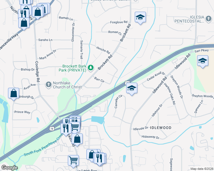 map of restaurants, bars, coffee shops, grocery stores, and more near 3973 Barr Circle in Tucker