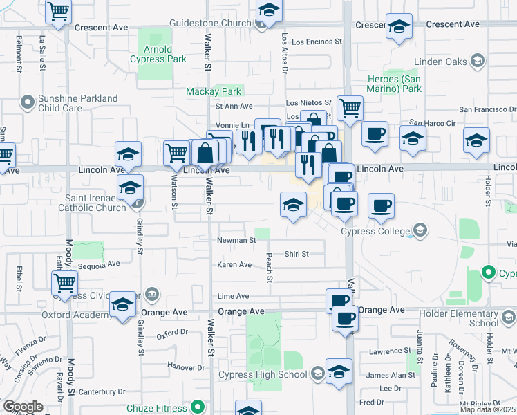 map of restaurants, bars, coffee shops, grocery stores, and more near 5664 Camp Street in Cypress
