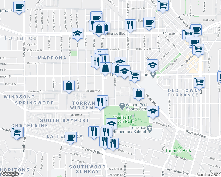 map of restaurants, bars, coffee shops, grocery stores, and more near 1769 Oak Street in Torrance