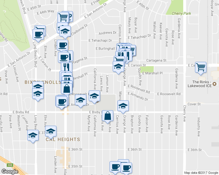 map of restaurants, bars, coffee shops, grocery stores, and more near 3916 Lemon Avenue in Long Beach