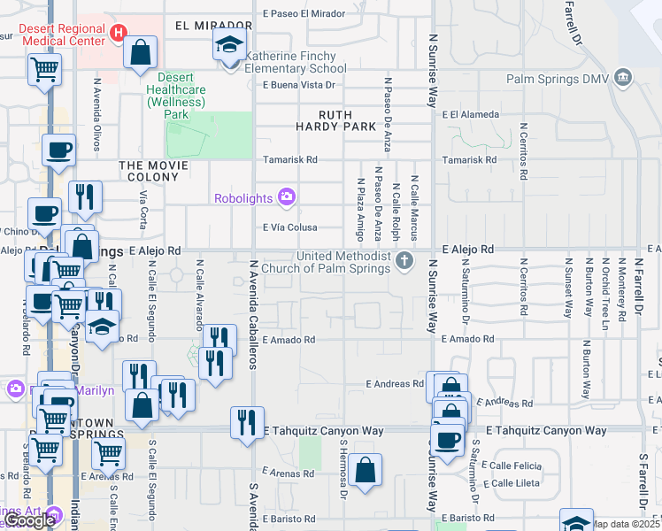 map of restaurants, bars, coffee shops, grocery stores, and more near 459 North Hermosa Drive in Palm Springs
