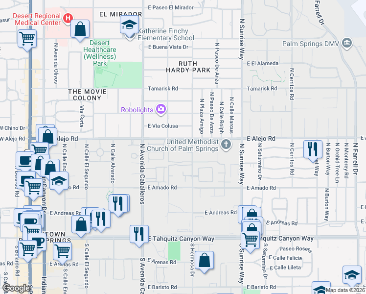map of restaurants, bars, coffee shops, grocery stores, and more near 459 North Hermosa Drive in Palm Springs