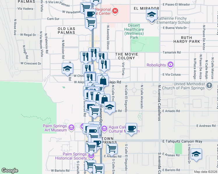 map of restaurants, bars, coffee shops, grocery stores, and more near 277 East Alejo Road in Palm Springs