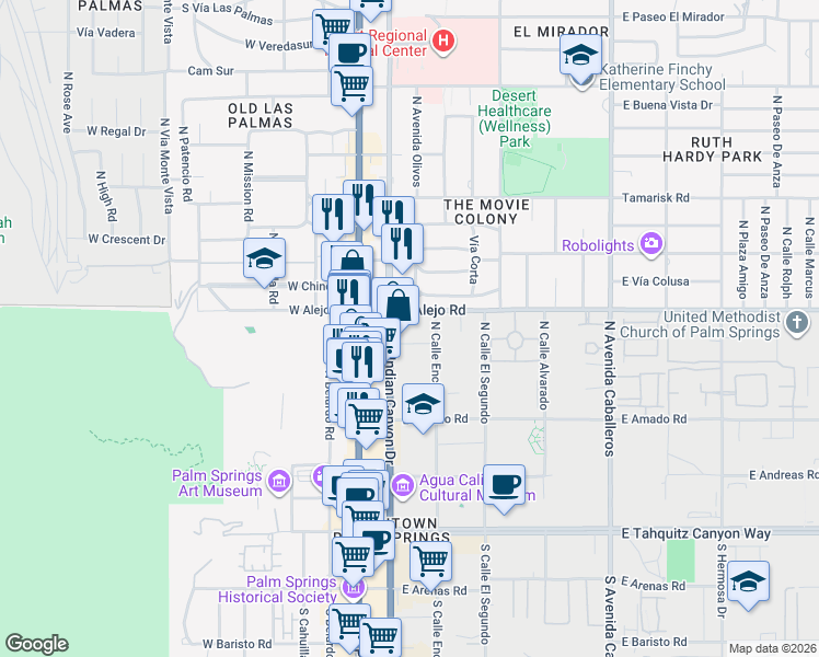 map of restaurants, bars, coffee shops, grocery stores, and more near 462 North Indian Canyon Drive in Palm Springs