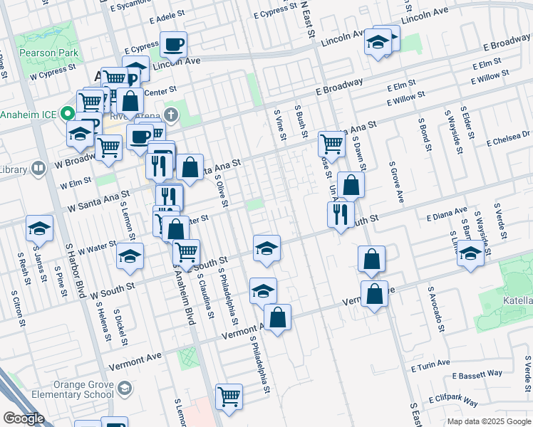map of restaurants, bars, coffee shops, grocery stores, and more near 654 South Melrose Street in Anaheim