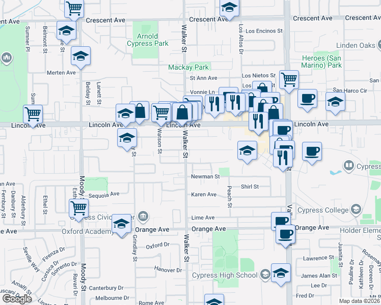 map of restaurants, bars, coffee shops, grocery stores, and more near 5524 Camp Street in Cypress