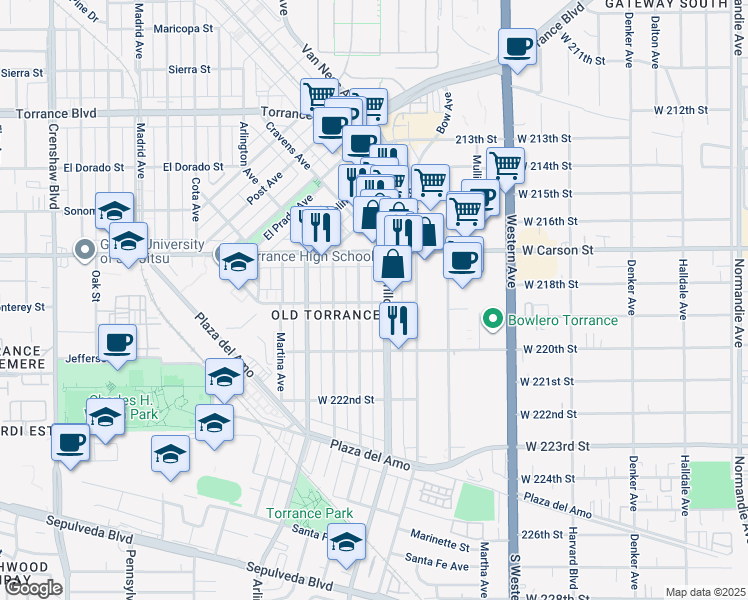 map of restaurants, bars, coffee shops, grocery stores, and more near 1803 Andreo Avenue in Torrance
