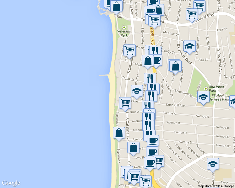 map of restaurants, bars, coffee shops, grocery stores, and more near 735 Esplanade in Redondo Beach