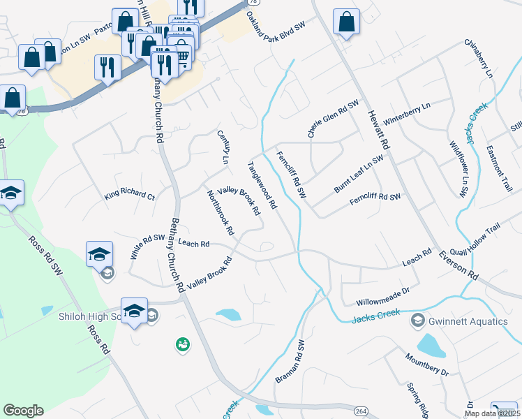map of restaurants, bars, coffee shops, grocery stores, and more near 3948 Valley Brook Road in Snellville