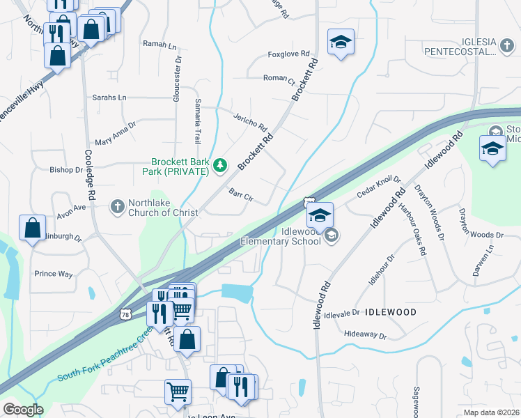 map of restaurants, bars, coffee shops, grocery stores, and more near 3973 Barr Circle in Tucker