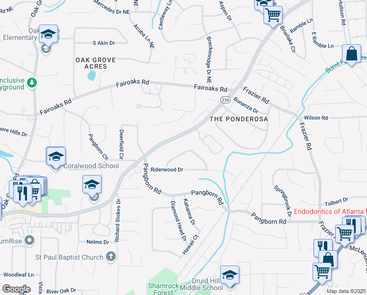 map of restaurants, bars, coffee shops, grocery stores, and more near 2744 Hunting Hill Lane in Decatur