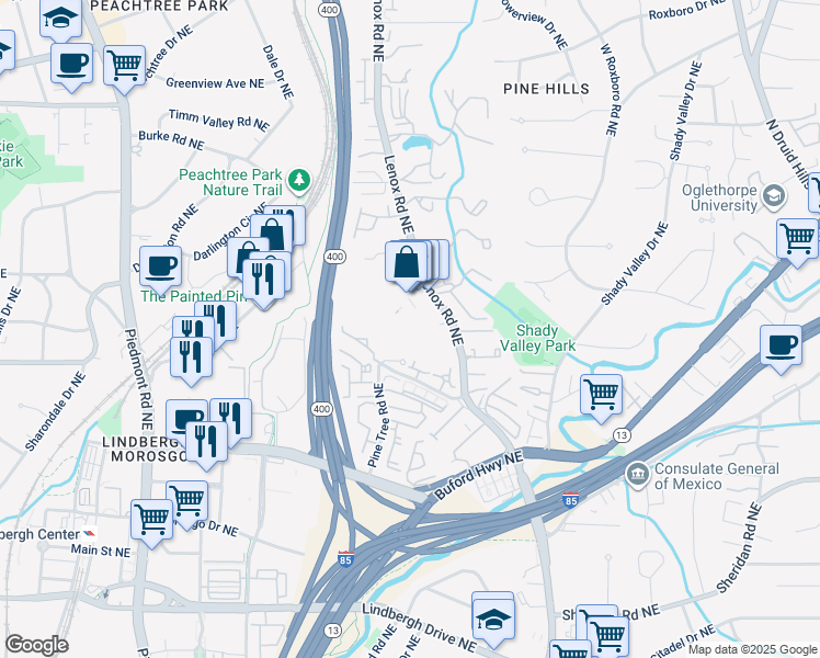 map of restaurants, bars, coffee shops, grocery stores, and more near 2108 Pine Heights Drive Northeast in Atlanta