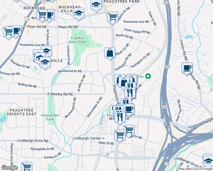 map of restaurants, bars, coffee shops, grocery stores, and more near 555 East Wesley Road Northeast in Atlanta