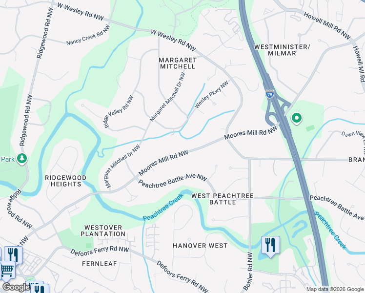 map of restaurants, bars, coffee shops, grocery stores, and more near 1451 Moores Mill Road Northwest in Atlanta