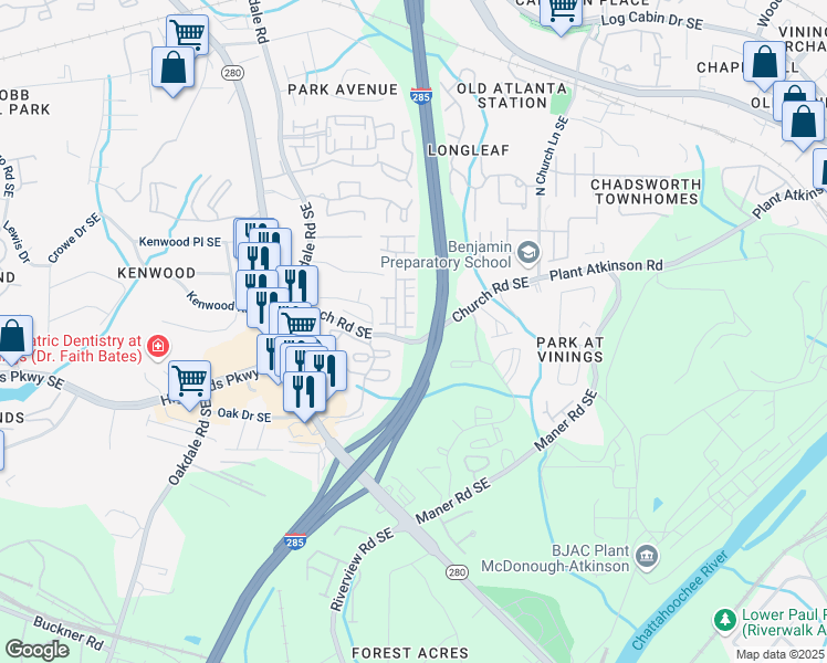 map of restaurants, bars, coffee shops, grocery stores, and more near 2300 Whiteoak Drive Southeast in Smyrna