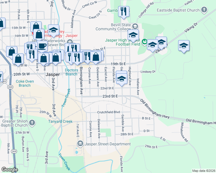 map of restaurants, bars, coffee shops, grocery stores, and more near 22nd Street East in Jasper